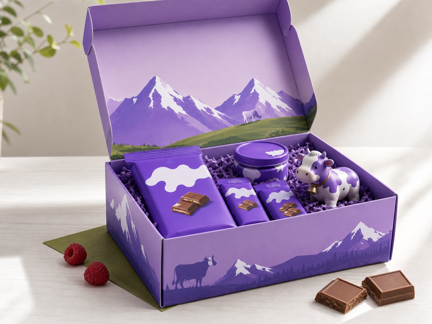 Caja regalo de inspiración alpina con un surtido ilustrativo de chocolates